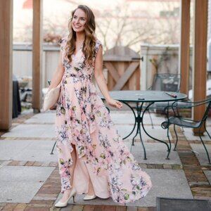 Eliza J Floral Chiffon Ruffle Flowy Maxi Dress Hi-Low Tie-Waist Lined Pink